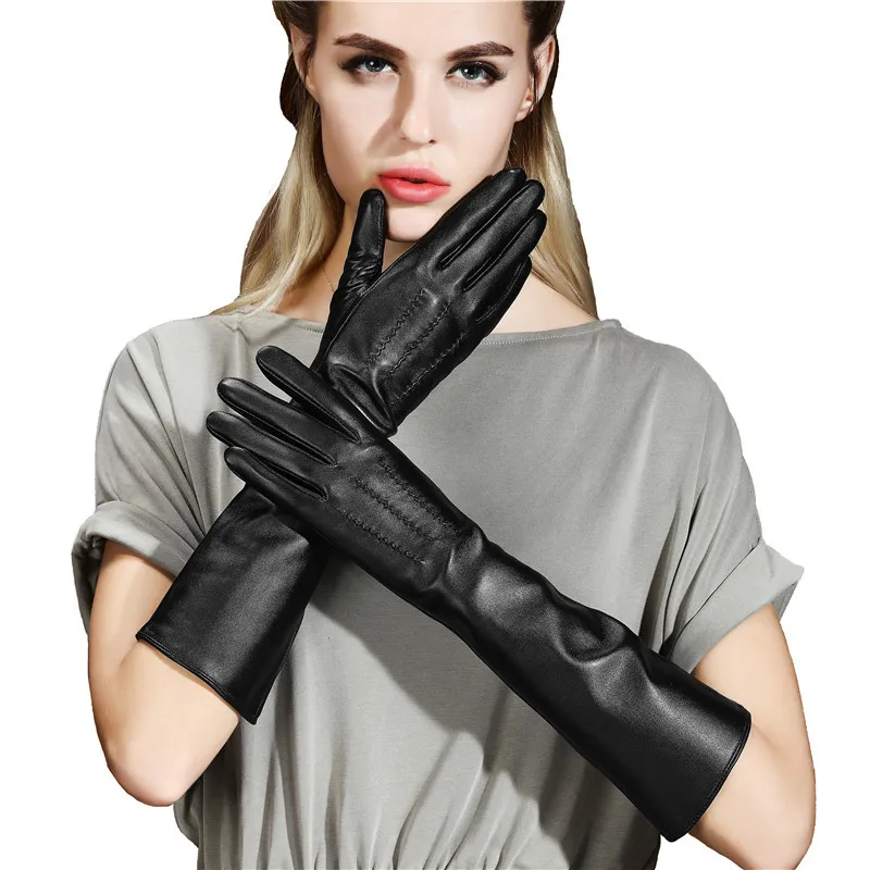 

Real Leather Gloves Female 40cm Long Touchscreen Sheepskin Plus Velvet Thicken Warm Arm Sleeve Woman's Gloves Black CK05