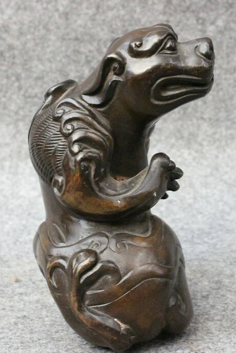 

S3520 Folk Chinese Bronze FengShui Guard Foo Fu Dog Lion PiXiu Beast Statue Animals D0317