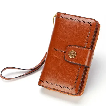 

100% Cow Genuine Leather Womens Wallet New 2019 Oil Wax Leather Long Zipper Bag Vintage Mobile Phone Bag Female Purse