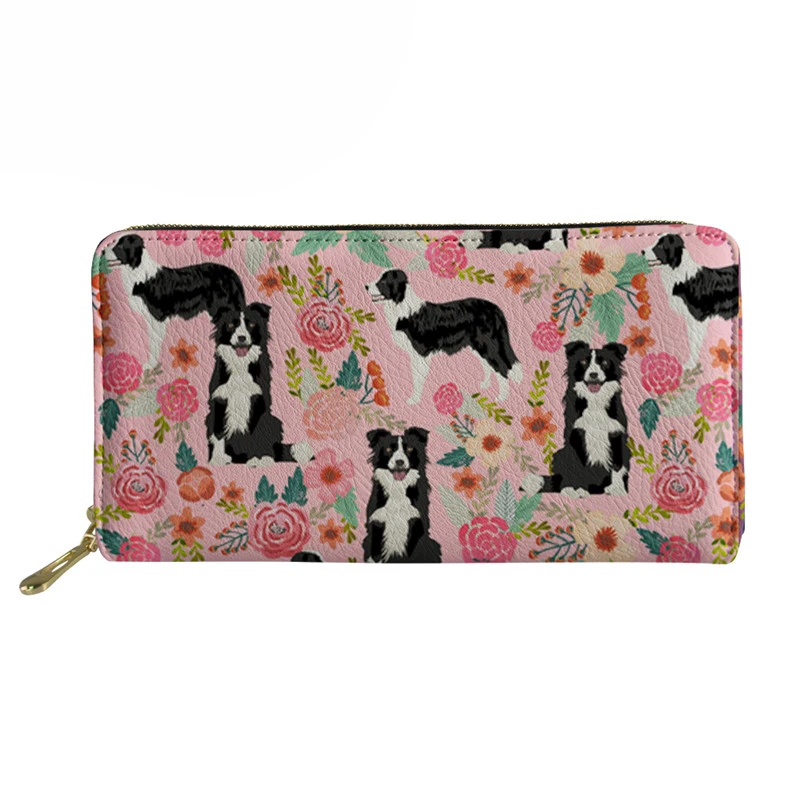 Для женщин сумка кошелек Бордер-колли Паспорт Держателей Карт клатч розовый цветок девочки Брендовая Дизайнерская обувь кожаные кошельки