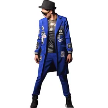 Индивидуальный заказ ночной клуб сценическое шоу одежда певица DJ лоскутное для мужчин синий длинный костюм пальто Мужская мода Slim Fit блейзеры куртка