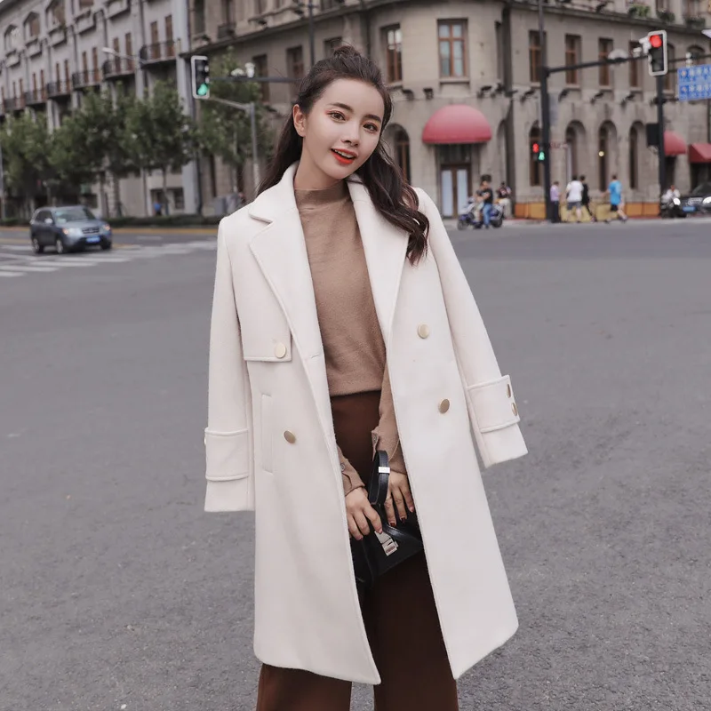 

Office Lady Long Winter Fashion Wool Coats Wide-waisted Wool Blend Coat and Jacket Double Breasted Solid Coat Femenino
