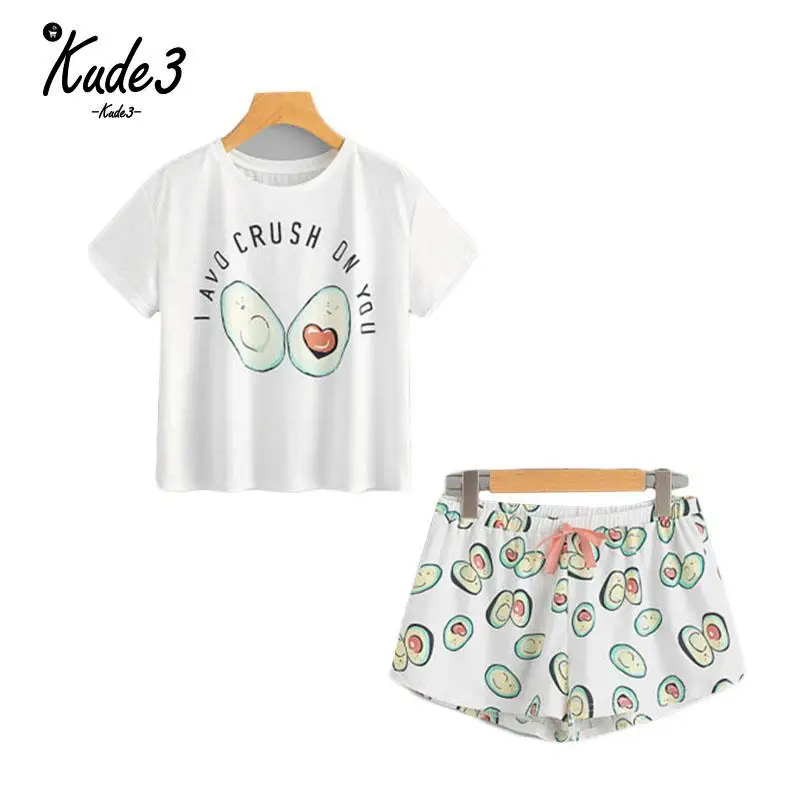 

Round Neck Print Cartoon Top And Bow Front Shorts Pajama Set 2019 New Woman Short Sleeve Casual Pajama Set Sleepwear 23