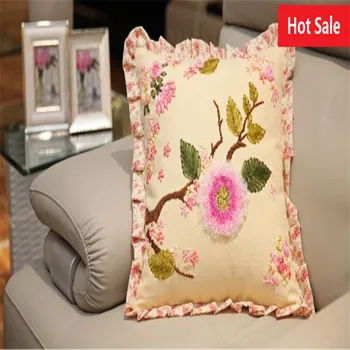 

Free shipping Natural throw pillow cushion DIY Flower ribbon embroidery handmade cushion case 18inch lovely house pillow