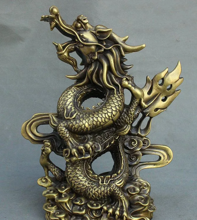 

12" China FengShui Pure Copper Bronze Soar Dragon Loong Auspicious Beast Statue