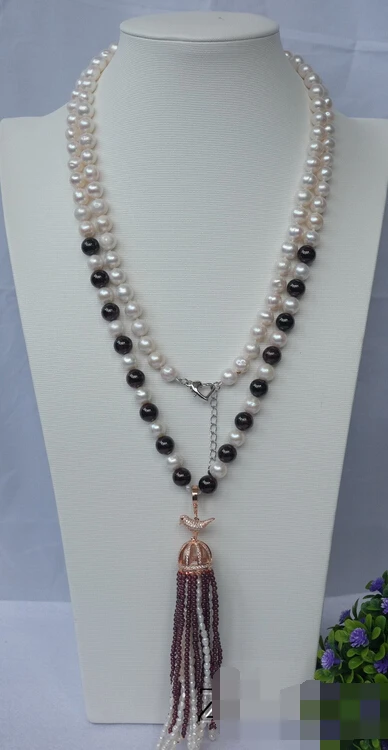 

Jewelr 006252 42''natural white FW Pearl &Garnet necklace-zircon pendant