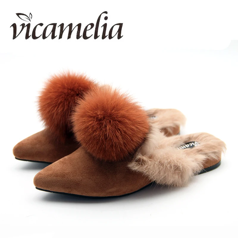 

Hot Selling Ladies High Quality Pompon Mules With Natural Rabbit Fur Women Daily Suede Flat Slippers Vicamelia 003