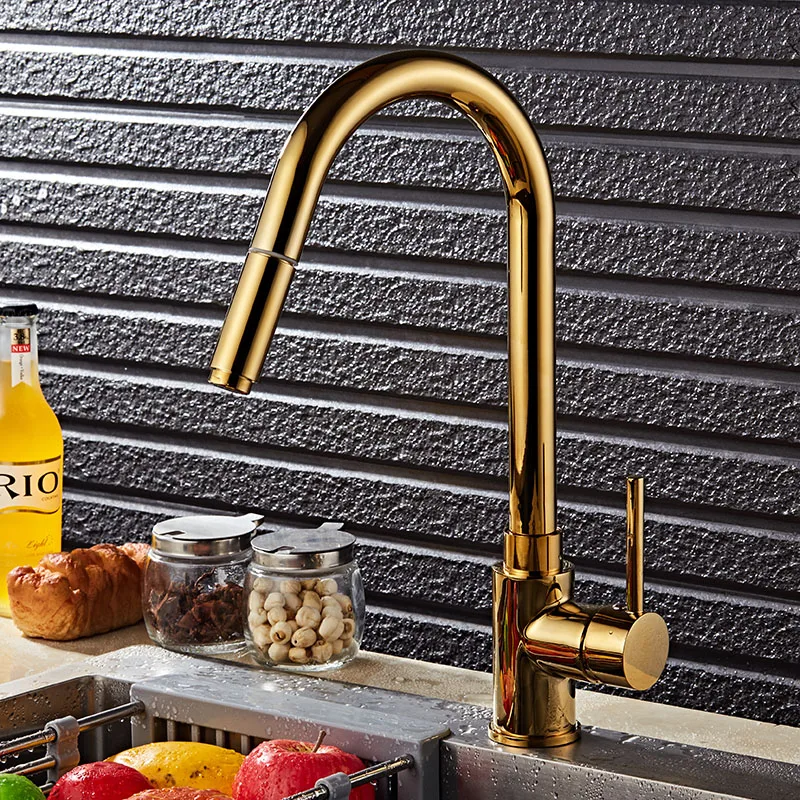  Luxury Gold Single Handle Kitchen Faucet Pull Out Sprayer 360 Rotatable Single Hole Sink Mixer Tap - 32815943151