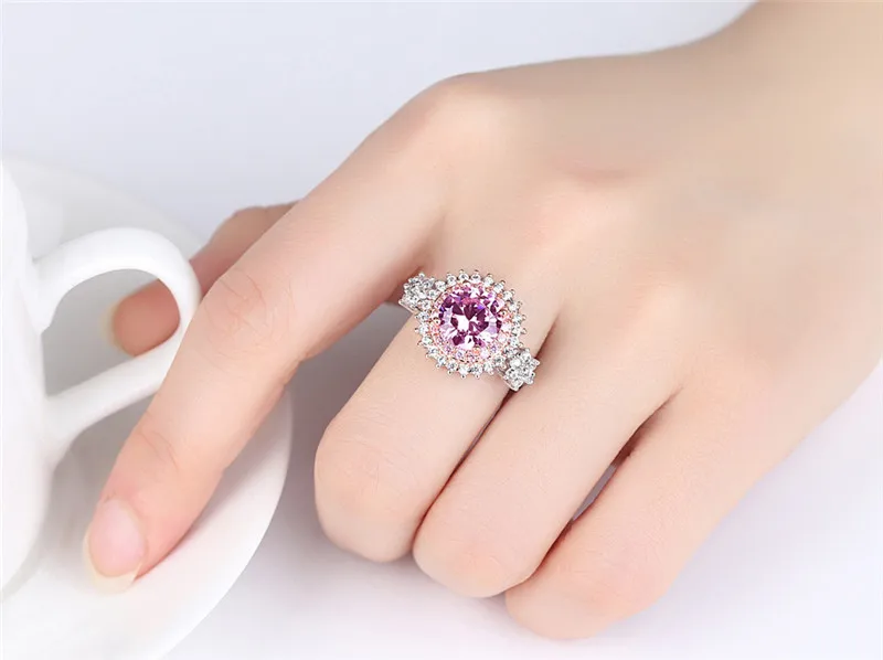 Trendy 2 Colors Fashion Rings Luxury Yellow & Pink Round Cubic Zircon Ring Silver Color Wedding Bijoux For Women Jewelry R397 (3)