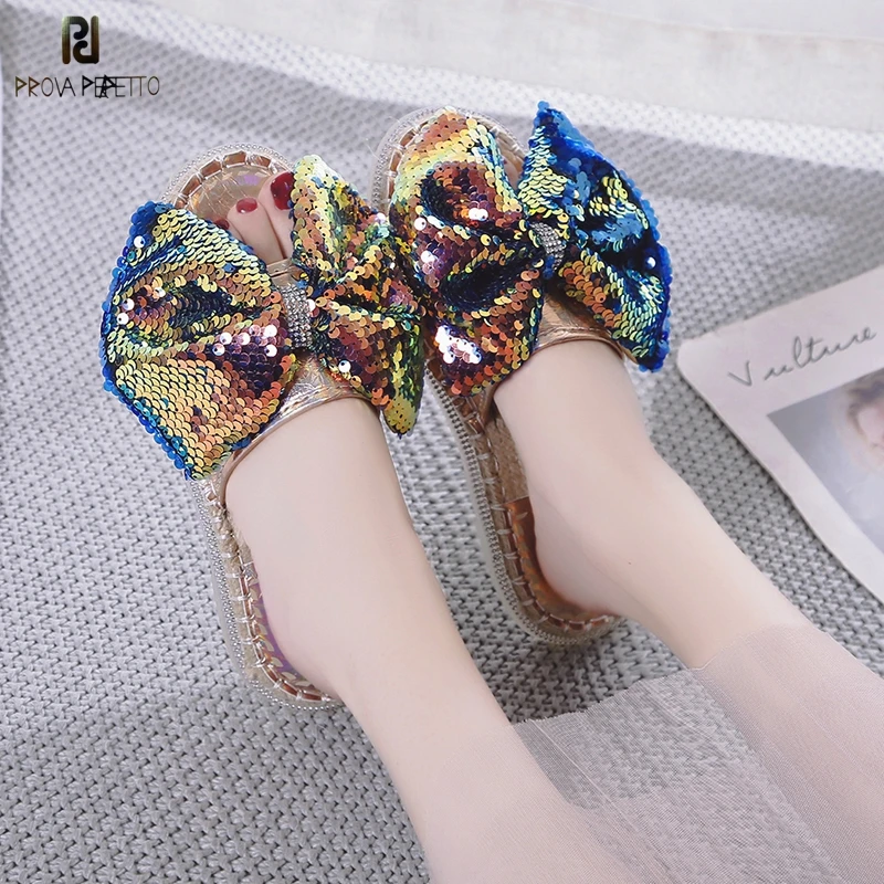 

Prova Bling Bling Sequins Bow-knot Slippers Women 2019 Summer New Flat Slides Straw Soft Bottom Pregnant Women Slippers