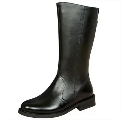 Men Genuine Leather Square Heel Pure Color Long Boots Winter Full Grain Leather Warm Flat Heel High Cylinde Long Boots