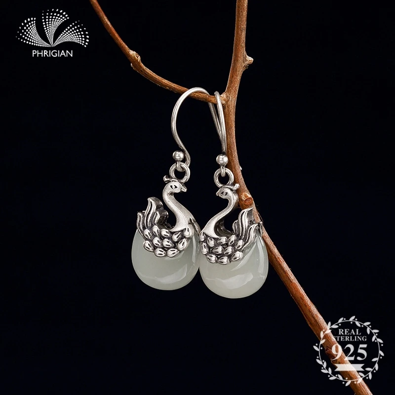 

NOT FAKE S925 Fine Jewelry Earrings 925 Sterling Silver Women Handmade Vintage Nature Retro Exquisite Semi Gemstone bird swan
