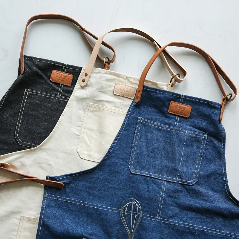 Hot Japanese style Denim Apron for Chef Kitchen Cooking BBQ Kitchen Apron For Woman man Adjustable Pocket Chef Works bib smock