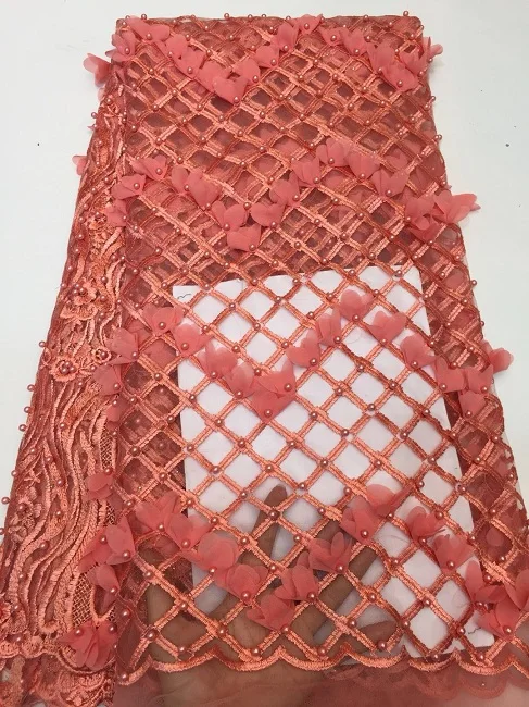 

2018 High Quality African Lace Fabric Peach French Net Beaded Tulle Lace Fabric For Nigerian Wedding Party Dress Z11