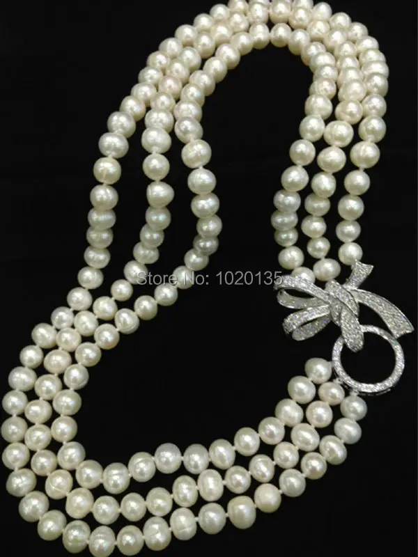 Один набор 3 ряда пресноводный жемчуг Белый округлый 8-9 мм природное ожерелье браслет 17-19 дюймов FPPJ& Циркон крюк