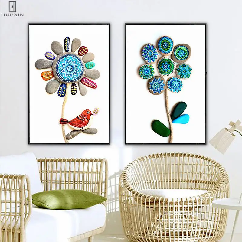 Lovely Varicolord Flowers Raised Rocks Sunflowers Green Leaf Modern Decorative Canvas Paintings Poster Wall Art For Home Decor