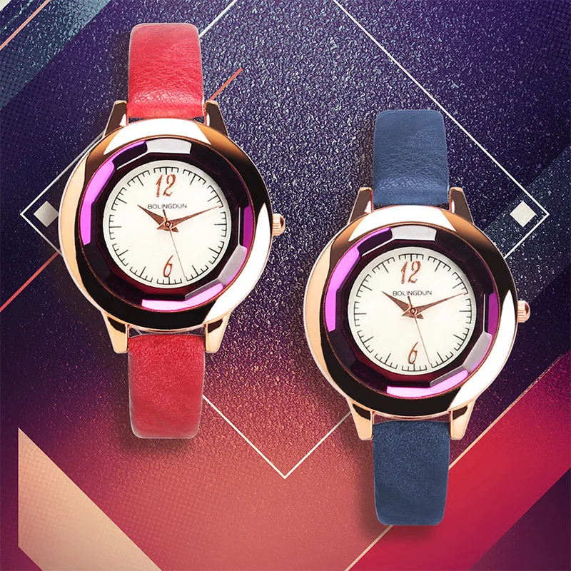 

Small leather strap female watch girl students clock simple fashion casual women watch Multi-angle convex mirror ladies watches