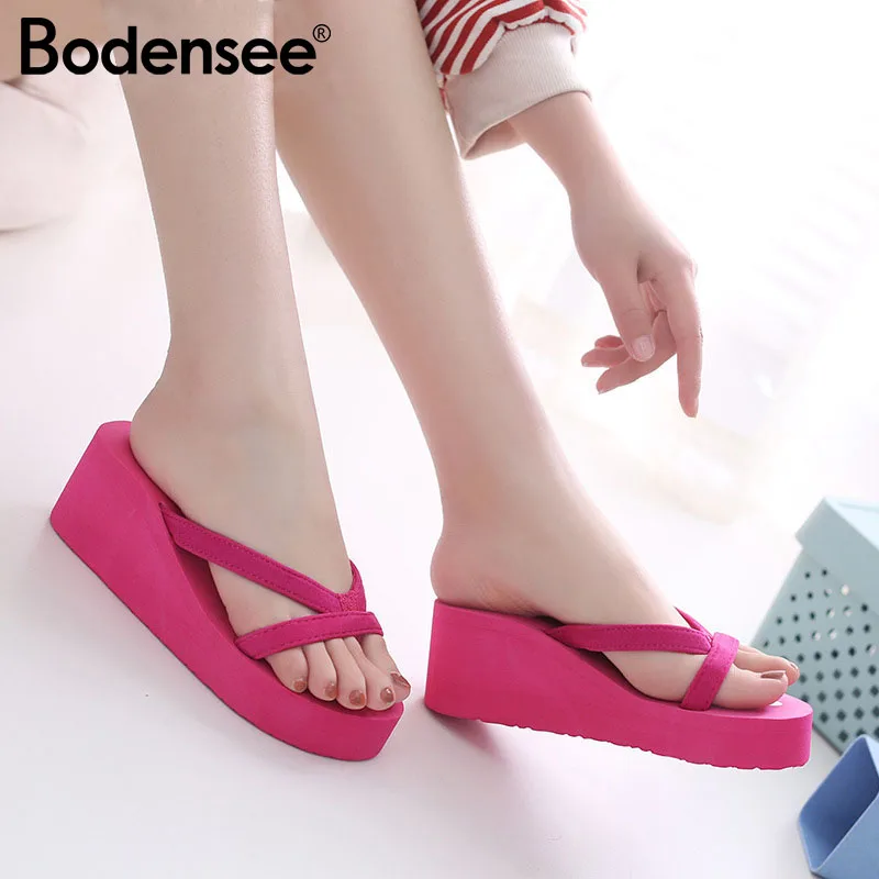 

BODENSEE Women Slippers Beach Slippers Flip Flops Sandals EVA High Heel Flip Flops Slippers Wedge Platform Female Big Size