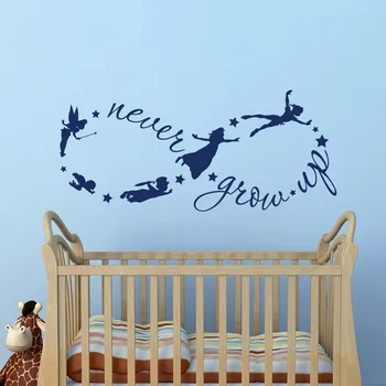 

Peter Pan Children Flying Silhouette Never Grow Up Quote Fantasy Fairytale Infinity Symbol Wall Decals Nursery Kids Wall Sticker
