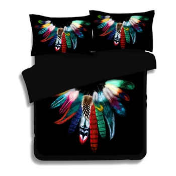 

Colourful Feathers Bedding Set Indian Boho Duvet Cover Black pillowcase Bedclothes Queen king single double Size quilt cover set