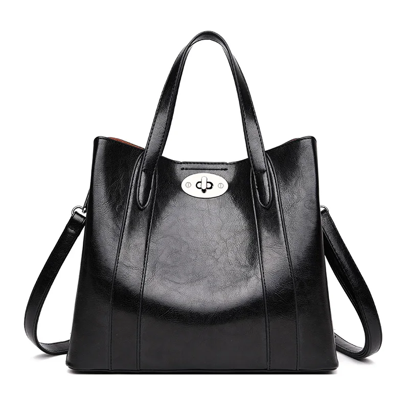 Сумки на плечо для женщин, Сумка с верхней ручкой, масло, воск, кожа, сплошной цвет, простой стиль, сумки, женская сумка через плечо, Женская Повседневная сумка - Цвет: Black