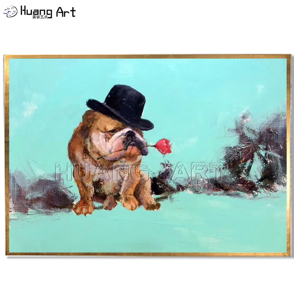 

Wholesale Decor Painting 100% Hand-painted High Quality Modern Bulldog Oil Painting for Room Decor Cool Animal Wall Painting