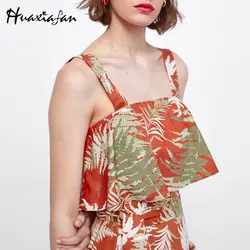 Huaxiafan лиственным принтом короткие майки Для женщин на плечо сексуальные Клубные спинки Для женщин топы и майки Мода Растениеводство Топ 2018