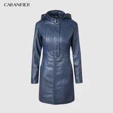 CARANFIER, зимняя женская куртка из искусственной кожи, водонепроницаемый Тренч с капюшоном, на молнии, толстый бархат, меховая подкладка, кожаные куртки для женщин