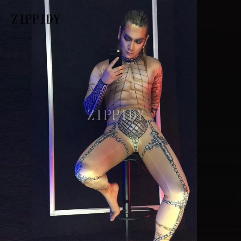 

Big Stretch Leggings Bling Rhinestones Sexy Men's Jumpsuit Nightclub Singer Dance Outfit Stage Costume One-piece Skinny Rompers