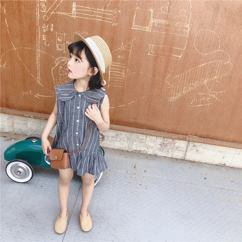 

2019 Summer New Arrival korean style cotton striped princess sleeveless all-match dress with buttons for cute sweet baby girls