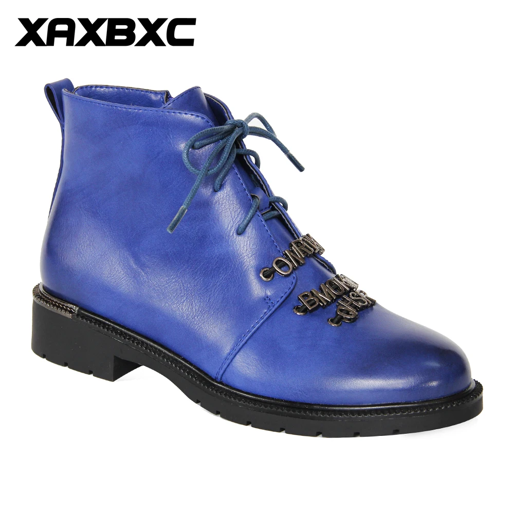 

2019 New Autumn Winter Spring Blue Leather Metal letters Short Ankle Boots Warm Women Short Fur Boots Casual Lady Mujer Shoes