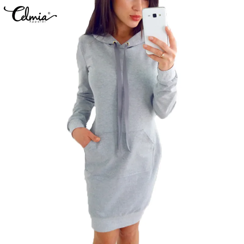

2019 Celmia Womens Casual Hoodies Dress Autumn Hooded Long Sleeve Solid Pockets Slim Sweatshirt Tracksuit Dresses Mini Vestidos