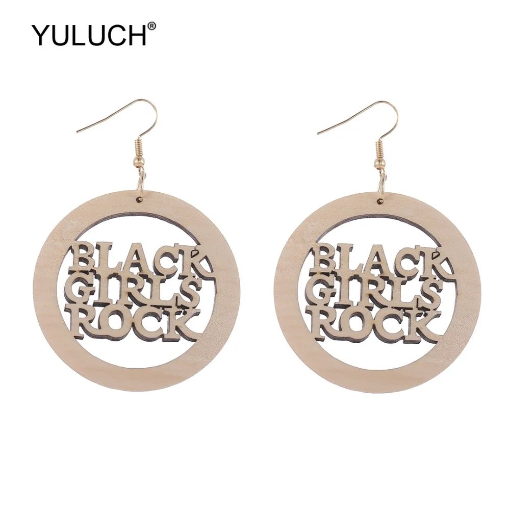 

YULUCH 2019 African 5 Colors Round Wooden Hollow Letter Black Girls Rock Drop Statement Earrings For Women Lady Girls Party Gift
