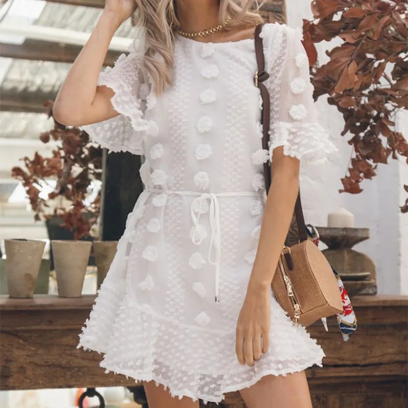 Ordifree Лето Boho женское белое мини-платье, сарафан с коротким рукавом Сексуальная короткая Туника пляжное платье