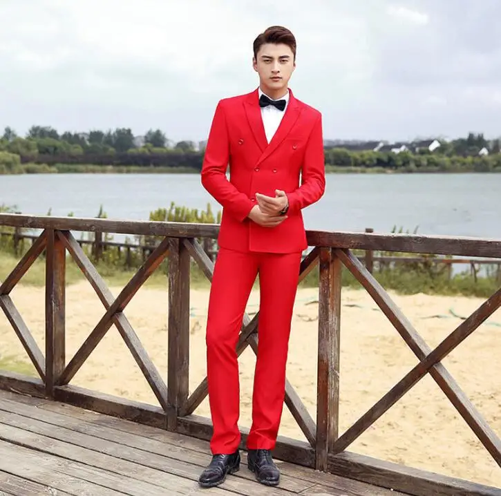 Фото Blazer men groom suit set with pants mens wedding suits costume singer star style dance stage clothing red formal dress | Мужская одежда