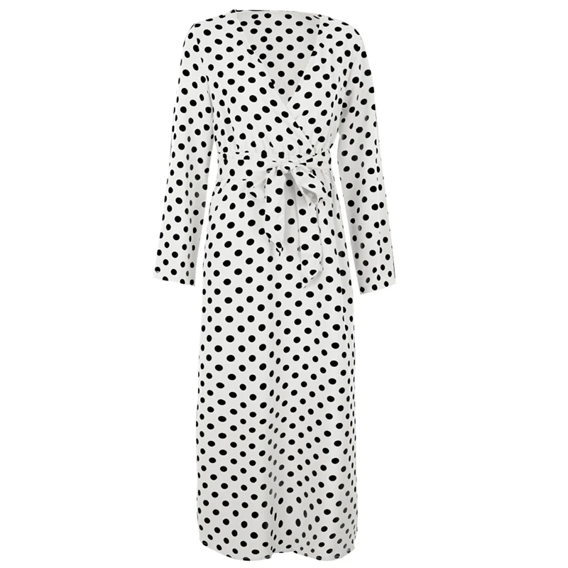 Qunndy 2018 Sexy Long Sleeve V Neck Long Party Maxi Dresses Polka Dot Print Beach Bohemian Vintage Dress Women Casual Vestidos (16)