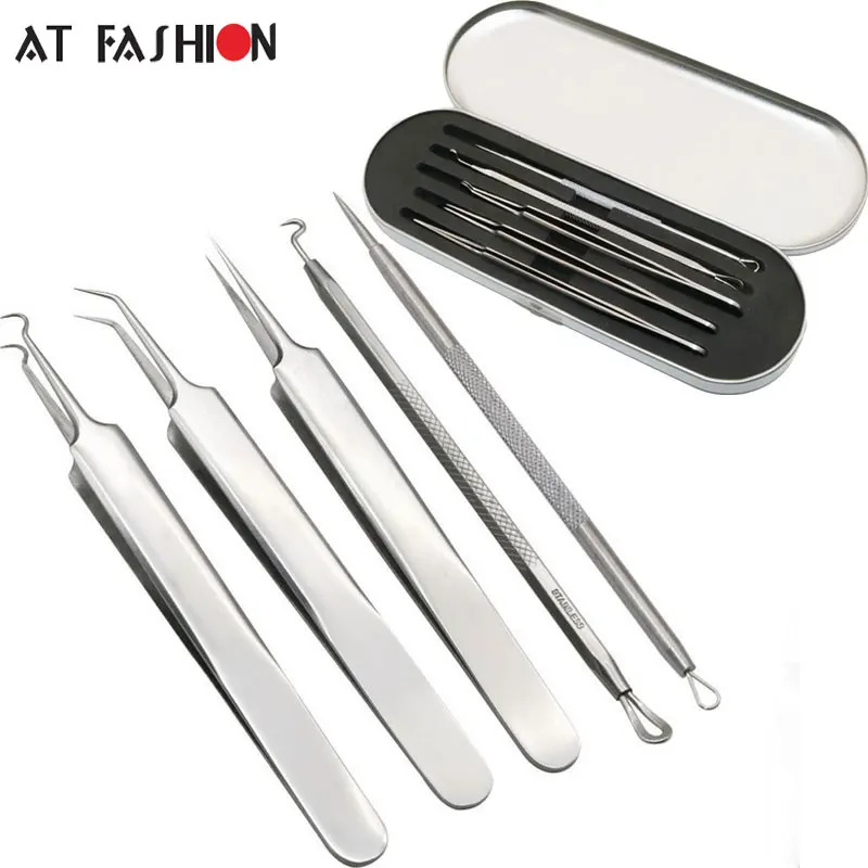 5PCS set Blackhead Blemish Acne Pimple Extractor Remover Tool Set Face Skin Care blackhead tweezer Stainless