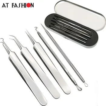 

5pc/Pack Blackhead Tweezers Blemish Removers Point Bend Gib Head Comedone Acne Needle Pimple Extractor Face Skin Care Tools