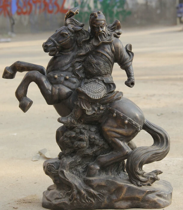 

JP S62 21" Chinese Bronze Folk run Guan Gong Yu Warrior God knight ride Horse Statue