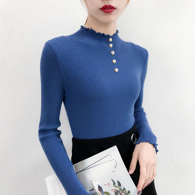 Sweater Women Sweaters and Pullovers Women turtleneck Neckline Solid Color Long Sleeve Button Cuff Knitted Sweater