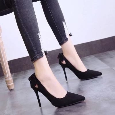 

2019 new Korean version of the wild bow 10cm high heel women's shoes with a sexy pointed single shoes
