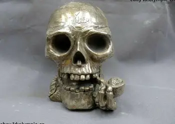 

China Tibet copper silver buddhism tobacco pipe skull Head sculpture Statue