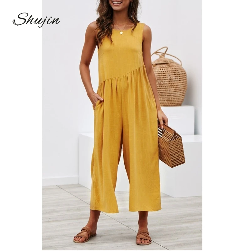 

SHUJIN 2019 Wide Leg Solid Jumpsuit Sexy Sleeveless Backless Women Jumpsuits Casual Loose Pocket Basic Ladies Romper Jumpsuit