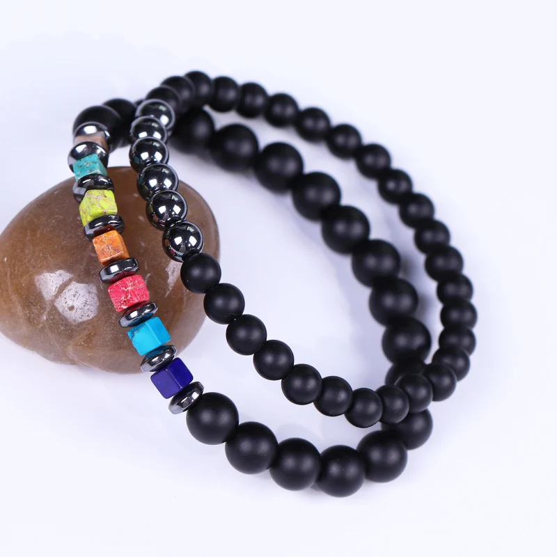 

2 Pcs/Set Natural Square Stone Couple Bracelet 7 Chakra Beaded Strand Bracelet For Lover Yoga Buddhist Jewelry Gifts