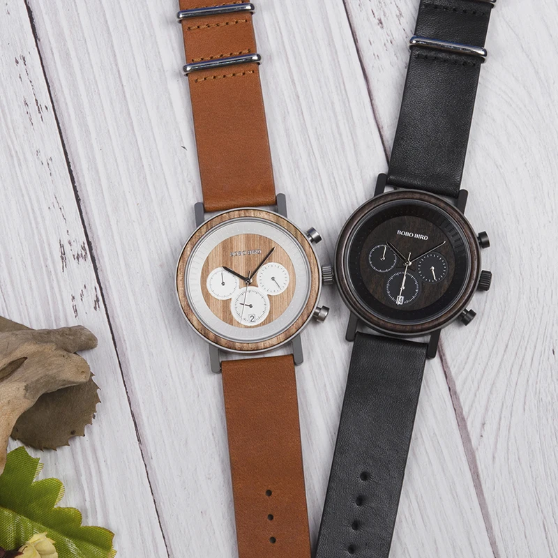 BOBO BIRD Stainless Steel Wooden Watch Chronograph Men Sport Waterproof Military Watches Relogio Masculino