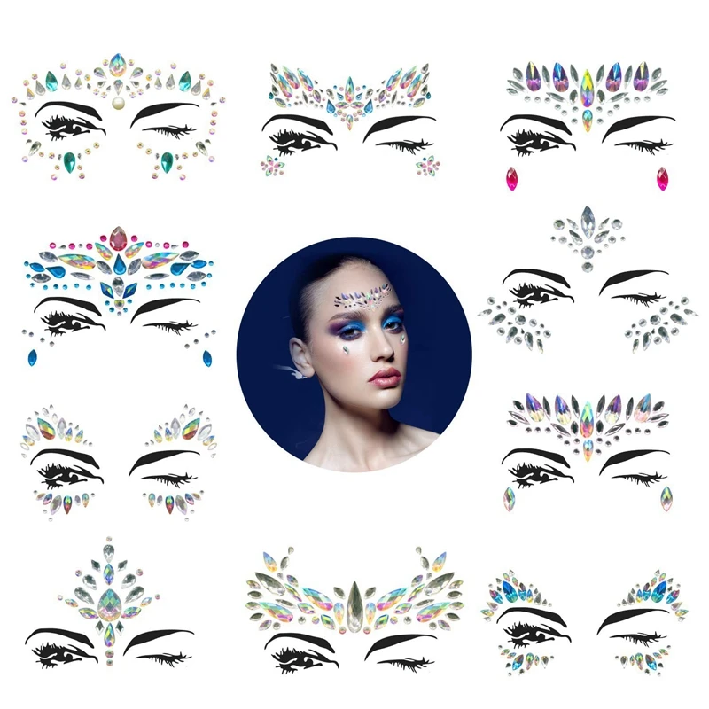

10 Sets Mermaid Face Gems Glitter-Rhinestone Rave Festival Face Jewels Bindi Crystals Face Stickers Eyes Face Body Stickers