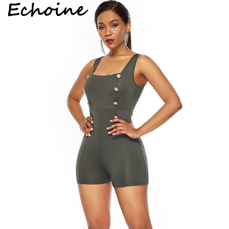 

Echoine Sexy Bodysuit Sleeveless Square Neck Button Short Romper Slinky Bodycon Overalls For Women Solid 5 Color