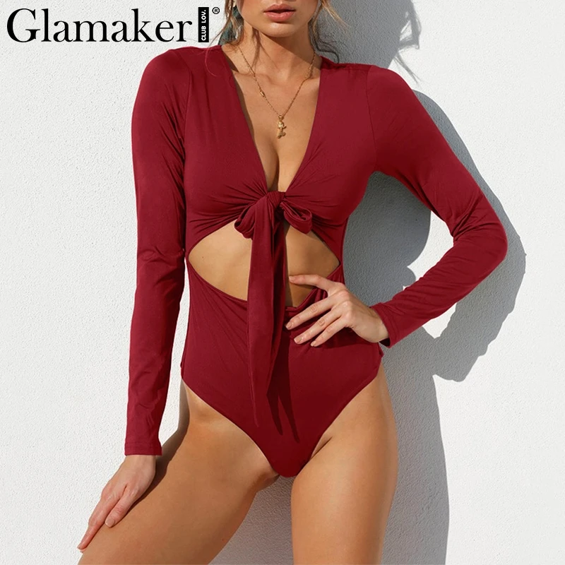 Glamaker Red lace up bow sexy bodysuit Party club hollow out women
