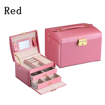 

High Quality PU Leather Three layer double drawer jewelry box Jewelry Display Gift Box For Storage Pink