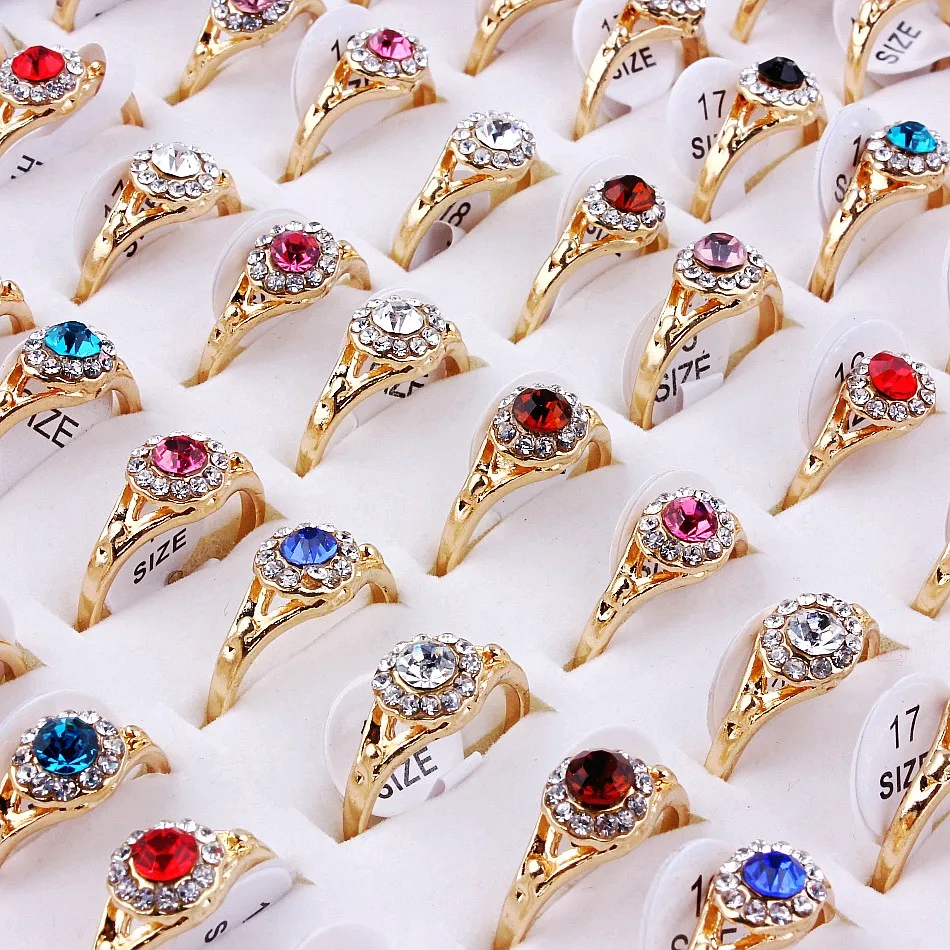 QianBei 50pcs/set Fashion Gold Color Cute Colorful Rhinestone Finger Rings Jewelry For Men Women Gifts Couple 5